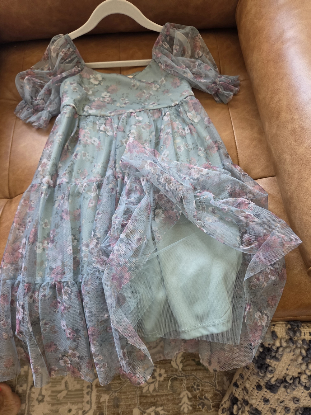 Zenzi Floral Tulle Party Dress in Light Blue with Pink Flowers